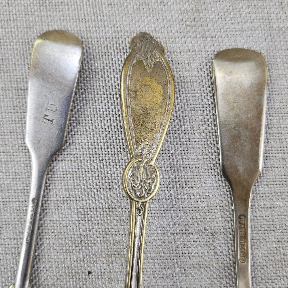 Rogers Brazil Silver Antique Shell Spoons Set 3 Monogrammed R TU B Salt Sugar